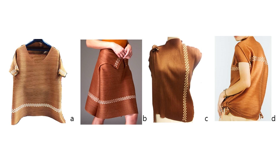a是舊長褲的參考樣式；b是a改成的短裙；c是b的180度翻轉；d是c的機械圖輪廓。